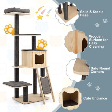 Котячий комплекс PETSITE 175 см з дерева, сучасний когтеточка для великих котів, сірий, із сизалевими стовпами, лежанкою, будиночком і полицею для кухні