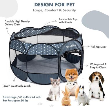 Водонепроникний вольєр для собак та котів GrandTies - складаний намет для тварин для використання в приміщенні та на вулиці, переносна клітка-переноска для цуценят, кошенят та кроликів з сумкою для перенесення (зоряна ніч)