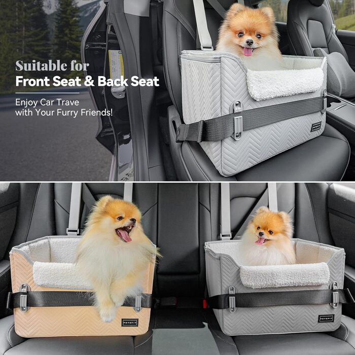 Автокрісло для собак Petsfit - стабільне та безпечне автокрісло для маленьких собак, з кріпленням для ременя безпеки, зручне ліжко-кошик з миючим плюшевим подушками, шкіряне сіре