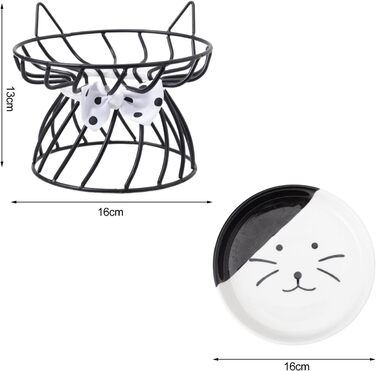 Керамічна миска для котів з металевим підставкою, піднята миска для котів Anti-Erbrechen, плоска керамічна миска для корму та води для котів та маленьких собак (Чорний)