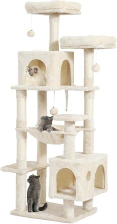 Кігтеточка для котів MSmask велика, стабільна, багатоярусна з 2 платформами, 2 будиночками, гамаком, сизалевими стовпчиками (Бежева, 160 см)