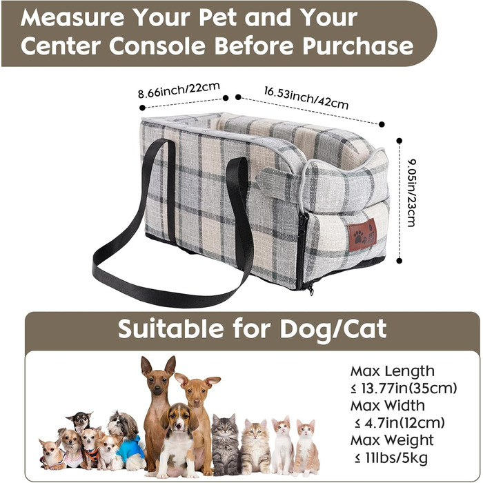 Автокрісло для собак та котів, середньої консолі, стабільне, з ременем, знімний, миючий, для собак та котів середніх порід до 6 кг (у клітинку)