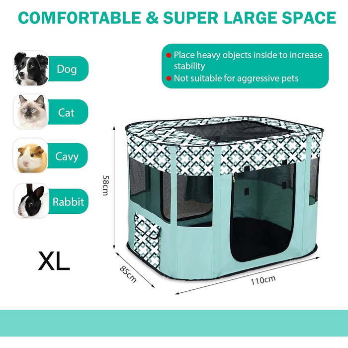 Розкладний вольєр для цуценят, переносний вольєр для тварин, вольєр для цуценят, вольєр для тварин в приміщенні, розкладний вольєр для кошенят, цуценят, кроликів, L (Сірий) (В клітинку, 110 * 85 * 58 см)