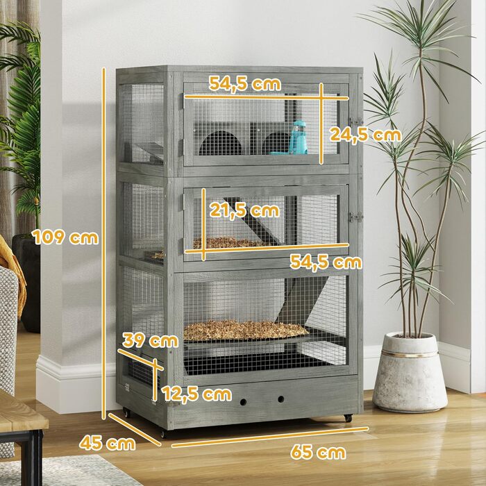 Клітка для хом'яків PawHut з дерева 65x45x109 см, 4-рівнева з будиночками, гіркою, піддоном, мисками, замком, рампами і колесами, сіра