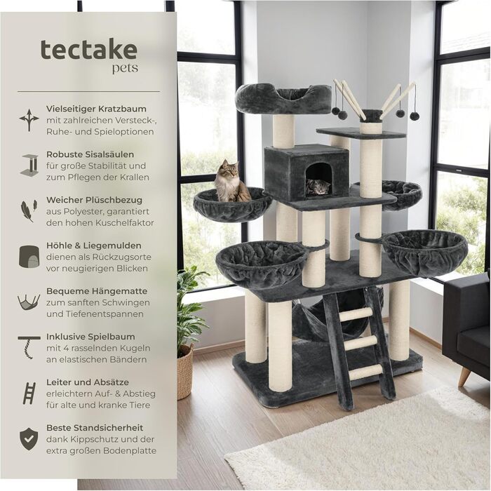 Дерев'яний комплекс для котів Tectake XXL, 195 см, з гамаком, сходами, печерею та когтеточками з сизалю, сірий/білий | 403327