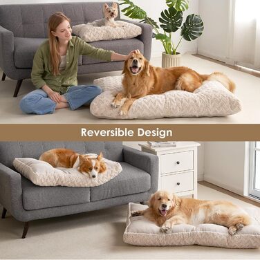 Килимок для собак великих порід, 104x68 см, XL, штучне хутро та льон, Бежевий