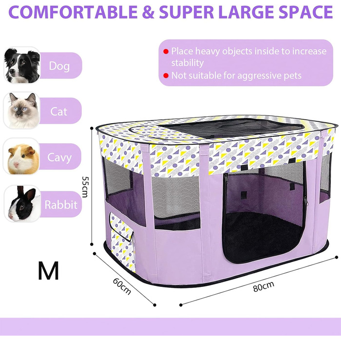 Складаний вольєр для цуценят та тварин, портативний вольєр для кошенят, цуценят, кроликів, L (Сірий) (Фіолетовий, 80*60*55 см)