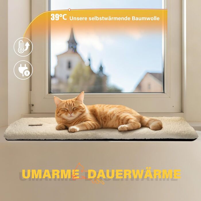 Самогріюча лежанка для котів на підвіконня, м'яка та неслизька, 90 x 28 см (Бежевий)
