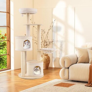 Дерев'яний кігтеточки Costway 143 см: кігтеточки з товстою колоною, сизаль, платформа, сизалеве покриття, іграшковий м'ячик та сходинка. Активний комплекс для котів, 143 см.