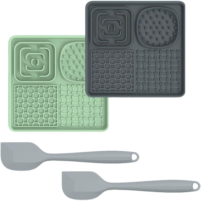 Лежанка-заспокійлива для собак Bibykivn Schleckmatte, з присосками, для купання, догляду та дресирування. Антистресова кормушка для собак та котів, зелено-сіра, квадратна (2 шт.)