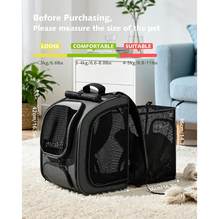 Pecute Рюкзак-переноска для кота з віконцем-сіткою, дихаючий та легкий рюкзак для тварин, великий (32 x 26 x 42 см, сірий, розширюваний)