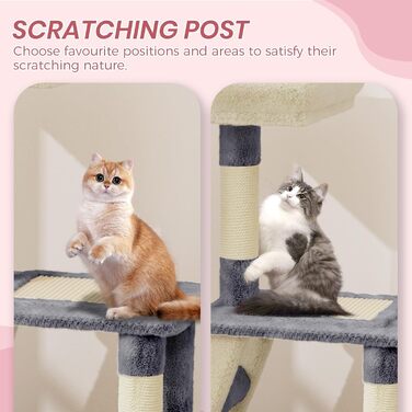 Кігтеточка для котів Dogat 107 см: багатоярусна, з будиночком, лежаком та ігровими елементами (сірий/бежевий)