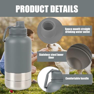 Турбунок для собак на ходу 950 мл – ізольована сталева фляга для води з мискою для їжі та води, портативна фляга для собак без BPA для подорожей, прогулянок та активного відпочинку (Сірий, L)