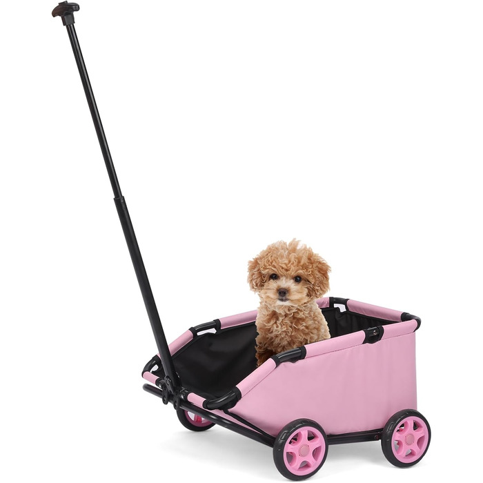 Міні-візок для маленьких тварин, складний багатофункціональний візок для покупок з висувною ручкою, для прогулянок на вулиці, з вбудованим матрацом та страхувальним тросом, з кишенькою для зберігання (Рожевий)