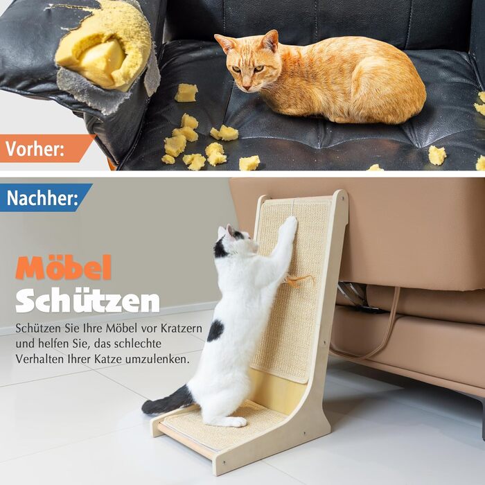 PETKARAY Котяче дряпальний борд з сизалю, 66 см, L-подібний, 105° вертикальна поверхня для дряпання, з іграшками, для стіни та кута