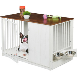 Клітка для собак Relaxdays, для дому, HBT: 65,5x102x60 см, 2 обертові миски, собача будка з виглядом дерева, МДФ & сталь, (білий/коричневий)