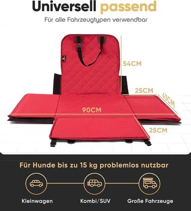 Автокрісло для собак HELDENWERK Extra Stabiler - надійне, водонепроникне, з 5 ременями, для заднього та переднього сидіння (Червоний, Стандартний розмір)