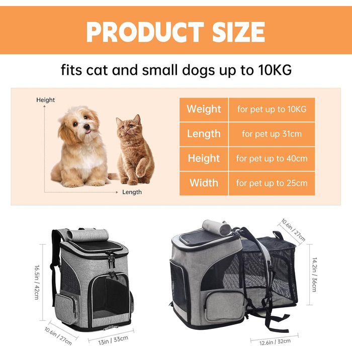 Рюкзак для тварин: переноска для собак та котів до 10 кг, сірий. Розкладний, з 2 матами