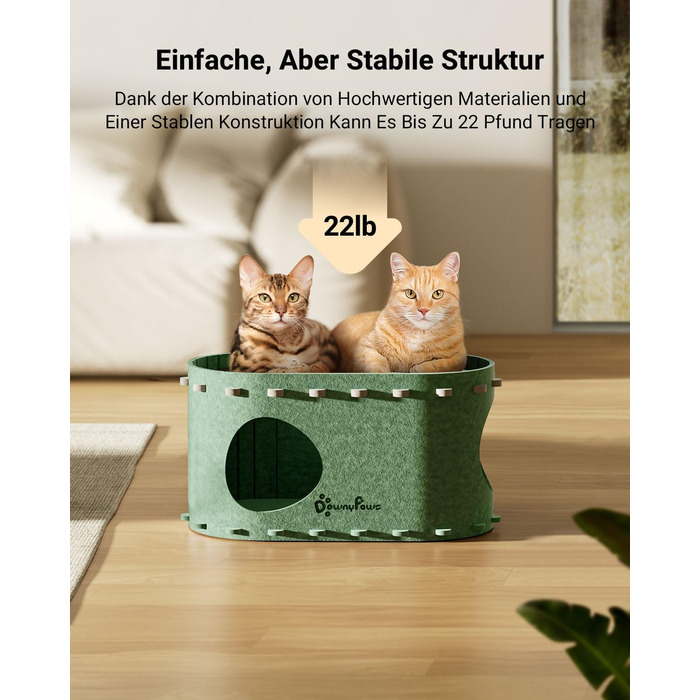 Кігтеточка-будиночок для котів DownyPaws з фетру, 2-ярусна, 50x33x50 см, зелена