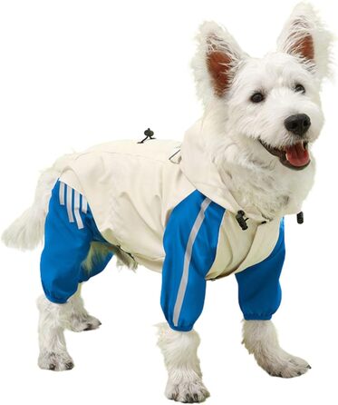 Дощовик для собак з отворами для зчеплення, легкий, водонепроникний, вітронепроникний, з світловідбиваючими смугами, одяг для домашніх тварин, пончо-куртка для маленьких та середніх собак, розмір L, блакитний (довжина спини: 30 см, обхват грудей: 44 см)