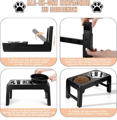 Підвищена годівниця для собак з регулюванням висоти, 4 положення, 2 миски з нержавіючої сталі та 1 миска для повільного годування, станція для годування собак великих, середніх та маленьких порід