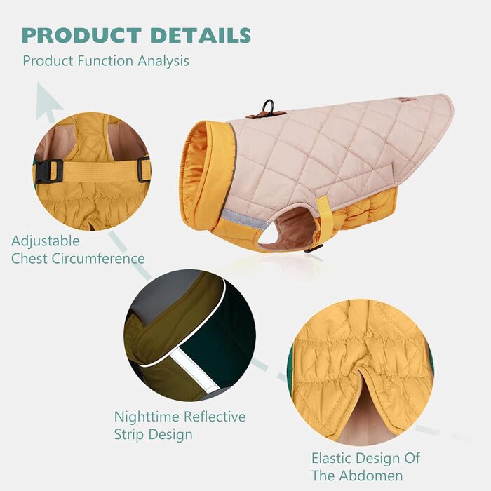Водонепроникний нашийник для собак PETCUTE, зимова куртка для собак, захист від вітру, одяг для собак середніх та великих порід, нашийник з безпечними світловідбиваючими смугами, дощовик для собак з отвором для шлейки (2XL, Бежевий)