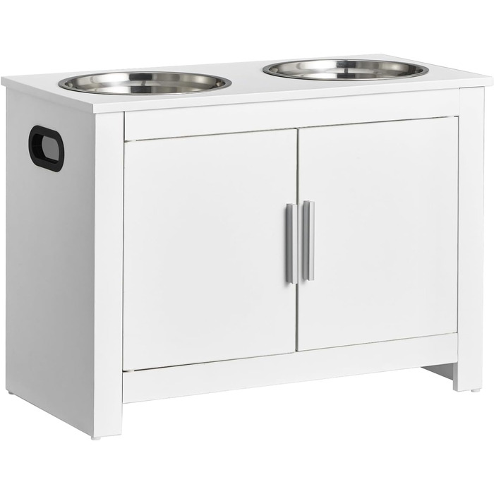 VEVOR шафа-кормниця для собак з 2 нержавіючими мисками 60x30x44 см, підвищена станція для годування з місцем для зберігання, біла, для великих собак