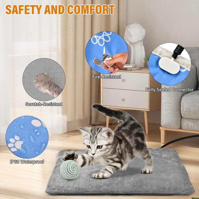 Електрична грілка для котів та собак 45x45 см, 9 рівнів нагріву, таймер 12 годин, з автовимкненням, фланелевий чохол, можна прати