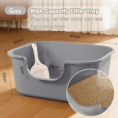 Відкритий лоток для котів Pawsayes з високими бортиками та низьким порогом, захист від розбризкування наповнювача, сірий колір