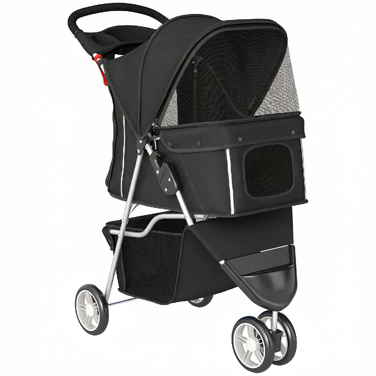 Складаний візок для собак (buggy) з кошиком, подушкою, сітчастим вікном та підстаканником для малих порід до 10 кг, чорний