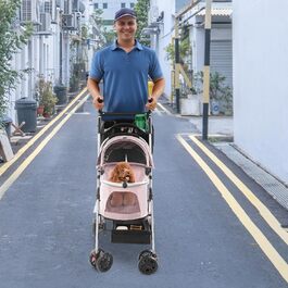 Складаний переносний візок для тварин з вантажопідйомністю 12 кг, знімний кошик 60x33 см, для котів та маленьких собак, для парку та подорожей, сітка для вентиляції та страховий поводок (Сакура-Рожевий)