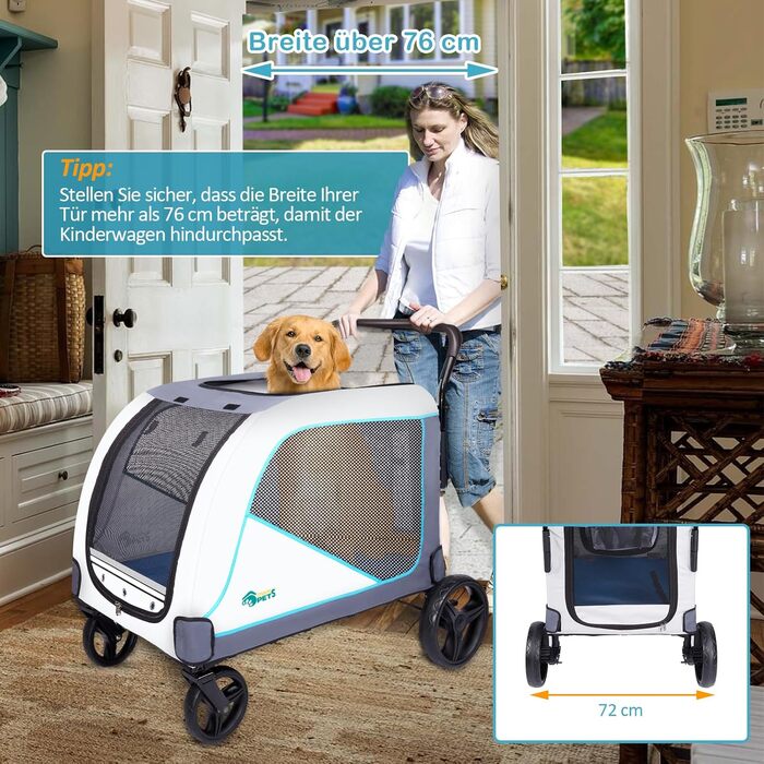 Візок для собак Ownpets XL для великих собак до 70 кг, з місткою сумкою, регульованою ручкою, дихаючим мережем, складний, 4 гумові колеса