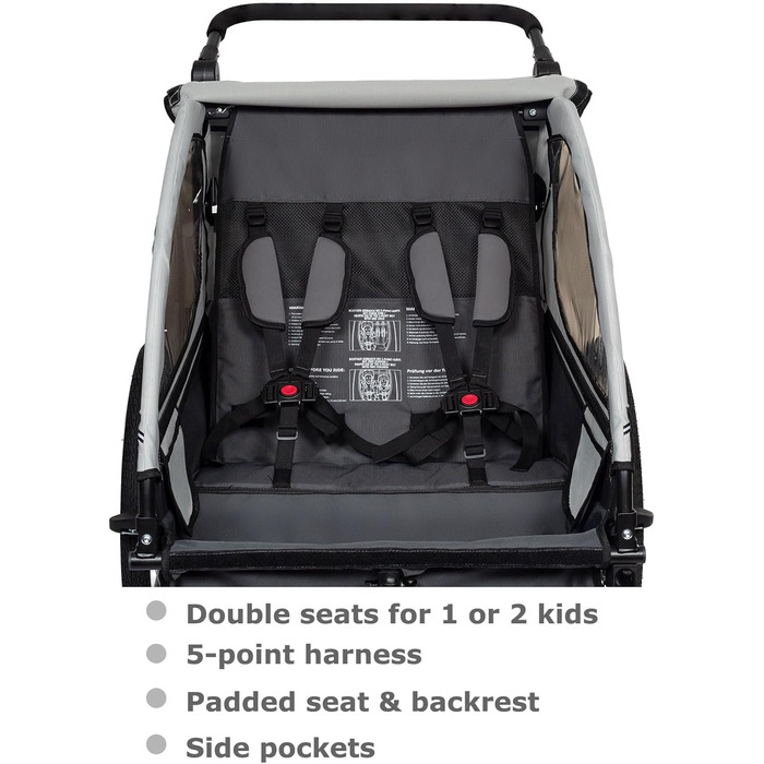 Дитячий велосипедний причіп Tiggo VS 2в1 з амортизацією та поворотним з'єднанням 360° - сірий (для 1-2 дітей, до 40 кг)