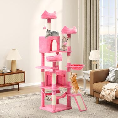Кігтеточка YITAHOME для котів, велика, 190 см, з 8 стовпів з сизалю, 3 платформи, 2 печери, кошик, гамак, м'ячики, дошка для шліфування кігтів, рожева