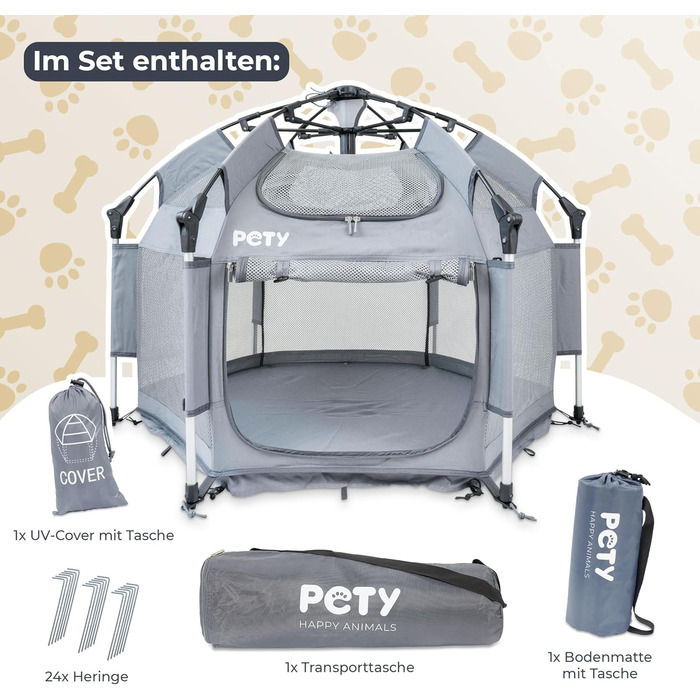 Клітка-манеж для собак Pety - 100x60 см, з переносною сумкою, UV-дах та килимком - для відпочинку на природі та вдома, аксесуари для подорожей з собакою, антрацит