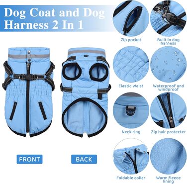 Водонепроникний зимовий одяг для собак Poseca з інтегрованим нашийником, теплий, для маленьких, середніх та великих собак, блакитний