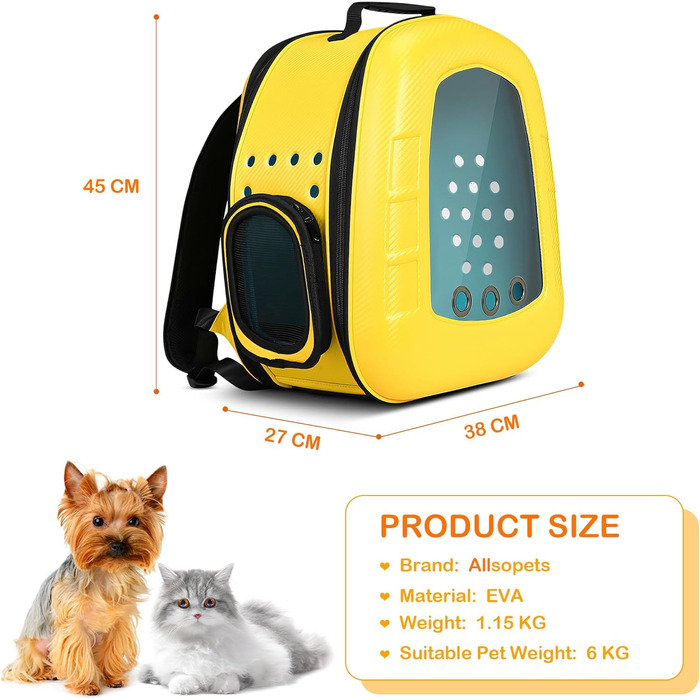 Рюкзак-переноска для кота та собаки ALLSOPETS Bubble, жовтий. Зручний рюкзак-переноска для котів та собак, для подорожей, прогулянок та походів. Відкидна підстилка.