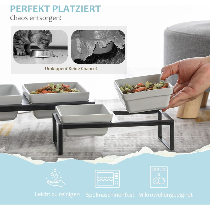 Підвищена годівниця для котів та собак сірого кольору, з підставкою, з подвійної кераміки, 2 x 280 мл