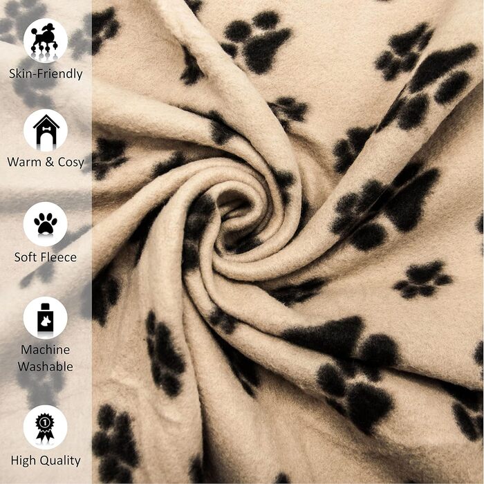 М'яка флісова ковдра з відбитками лап для собак, котів та цуценят. 70x73 см, чорно-бежева, пральна, для подорожей (2 шт. 100x120 см)