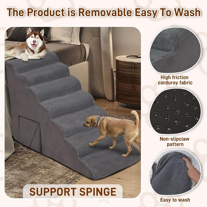 Сходинка для собак, 76.2 см, 6 сходинок, для маленьких та великих собак, антиковзаюча, для ліжка, темно-сіра