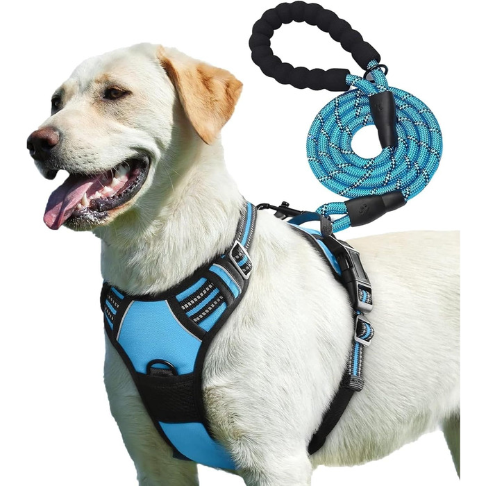 Регульована антиковзна шлея для собак PetBuds, з повідцем 1,5 м, дихаюча та міцна, для всіх порід, синя, розмір XL