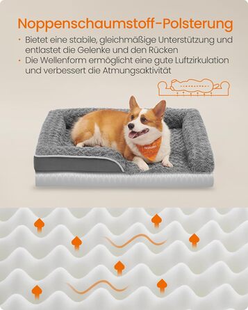 Ортопедичне ліжко для собак Feandrea середнього розміру, вологостійке, знімний плюшевий чохол, 91 x 68 x 16 см, сірий PGW252G02 L