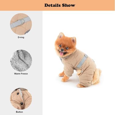 PAIDEFUL Зимовий теплий одяг для собак, з флісовою підкладкою, стьобаний з світловідбиваючим поясом, комбінезон на 4 лапи, пухнастий комір, м'який, вітронепроникний, для цуценят, осінь-зима, розмір XL (спина 35см, груди 47см), колір хакі