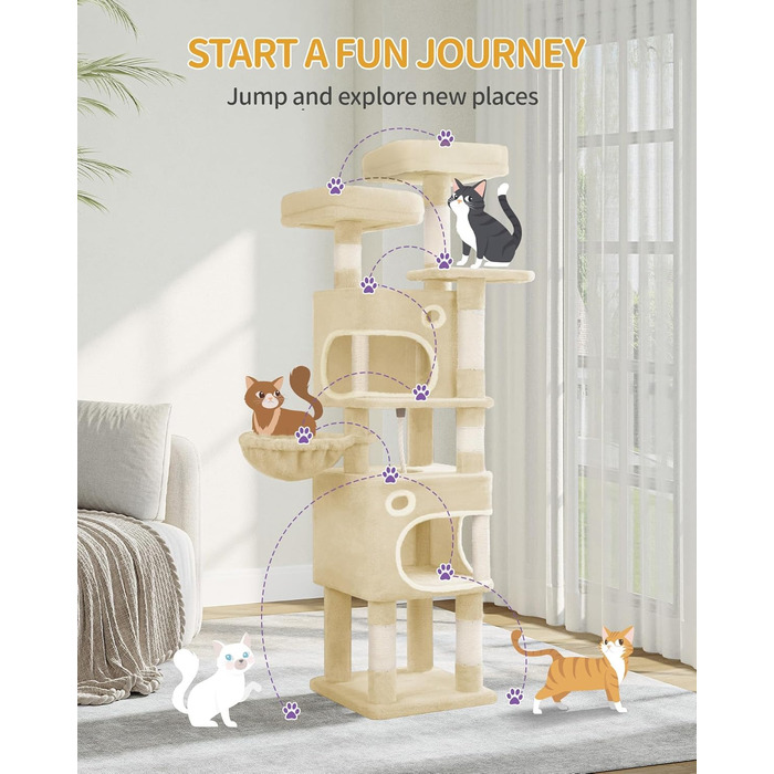 Драбина-кіготь для котів Hzuaneri, 159 см, 8 стовпчиків, 3 платформи, 2 печери, кошик, м'ячики, мотузка, підходить для котів різних розмірів, бежевий MS15918YL L (50 x 40 x 159 см)