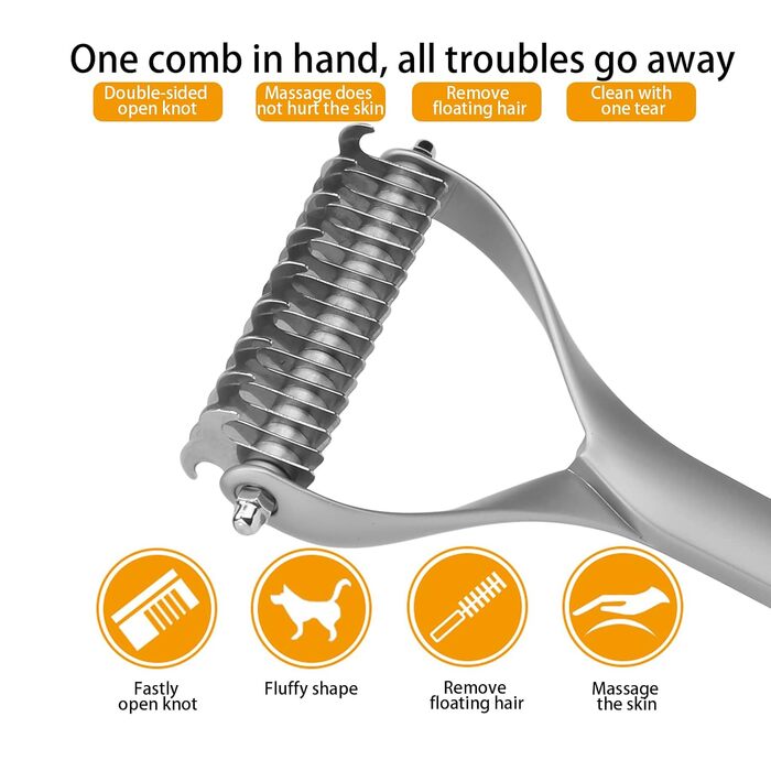 Гребінець для собак та котів з довгою шерстю, 2-етапний, для видалення підшерстя, з цинкової сплави, довговічний, делікатний до шкіри, ефективний проти ковтунів та випадаючого волосся (сріблястий)