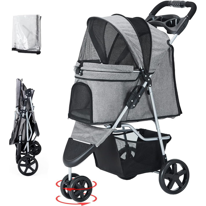 Візок для собак до 15 кг, складний, з кошиком для зберігання, сіткою та захистом від дощу. Підходить для маленьких та середніх собак, котів. Візок-тролей для собак (Сірий)
