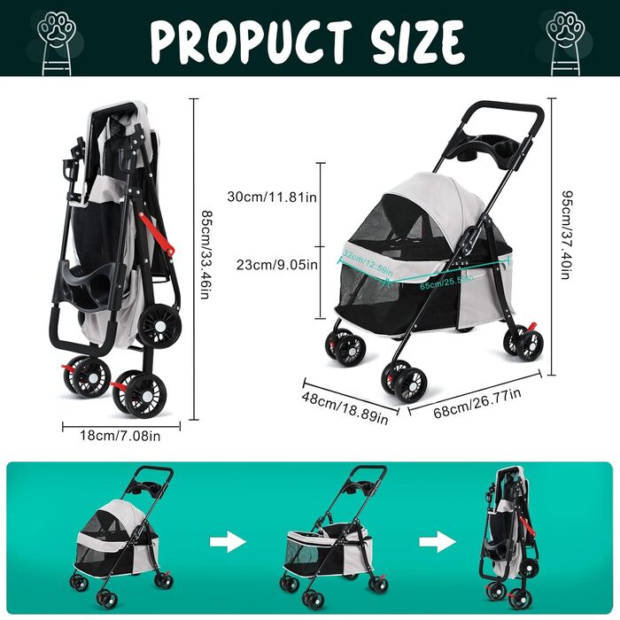 Візок для собак 2 в 1, бугі для собак до 20 кг, 4 пари поворотних коліс на 360°, візок-переноска для собак/кішок з тримачем для напоїв, складаний візок для маленьких/середніх собак та котів (сірий)
