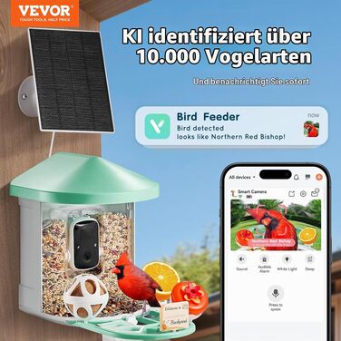 Годівниця для птахів VEVOR з камерою 2K HD, ШІ-розпізнаванням понад 10 000 видів птахів, сонячною панеллю, автоматичним записом та сповіщеннями, зелена