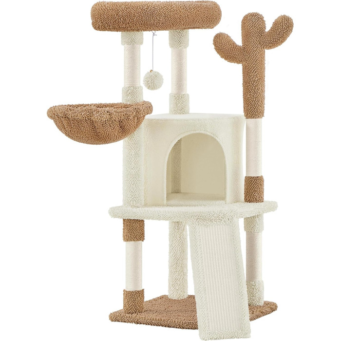 Дряпак для котів Yaheetech Kaktus, 106.5 см: стабільний, з оглядовою платформою та затишною печерею, оббитий сизалем, бежево-коричневий