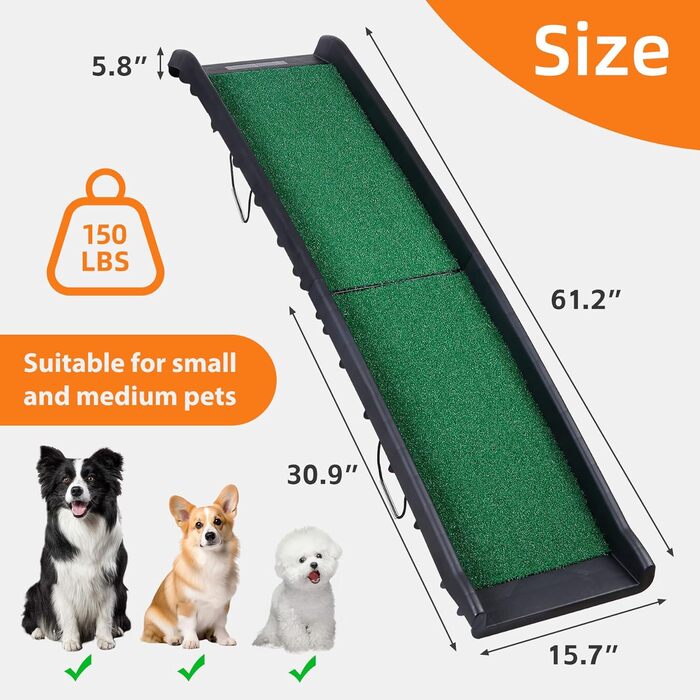 Рампа для собак у машину, вантажівку, SUV: трав'яна підкладка, 155 см, антиковзаюча, для великих собак